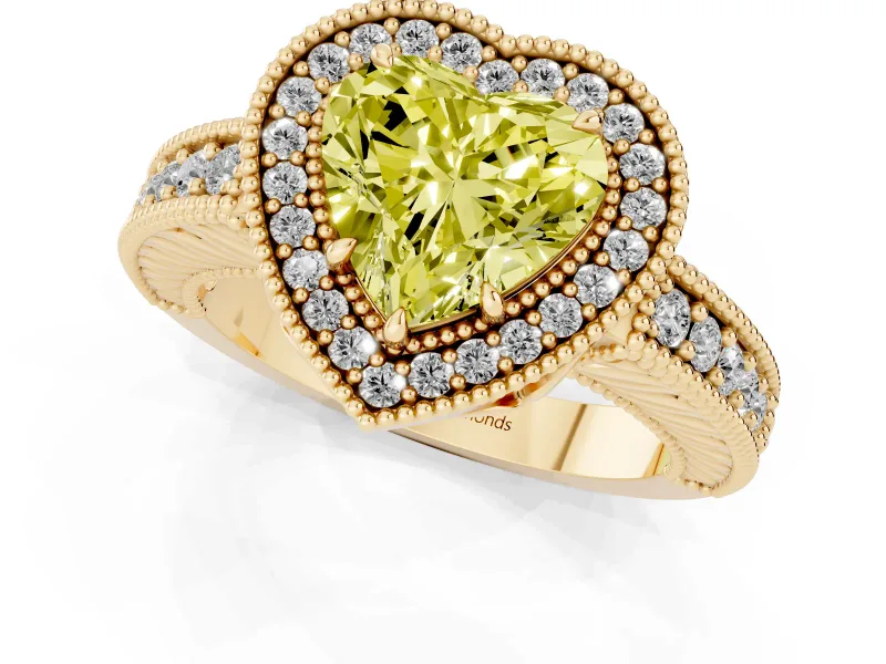 Heart-Shaped Milgrain Halo Engagement Ring Setting for a Fancy Yellow Lab-Grown Diamond | Yellow Gold