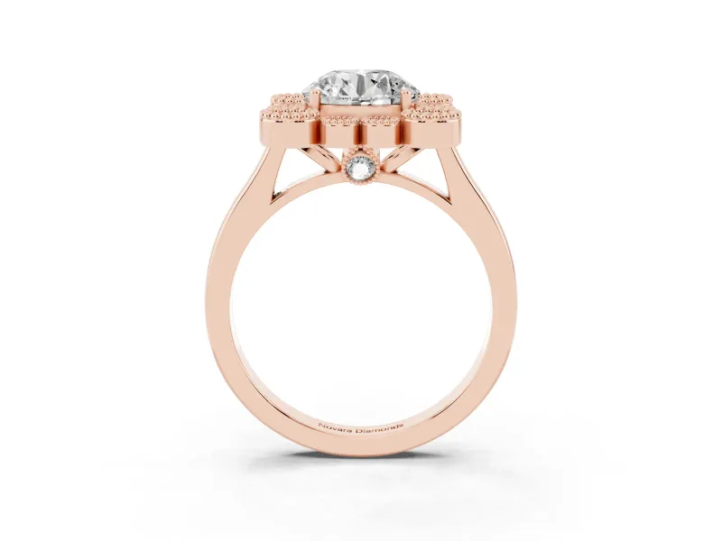 Round Vintage Milgrain Bezel Cluster Halo Engagement Ring Setting | Plain Band | Rose Gold