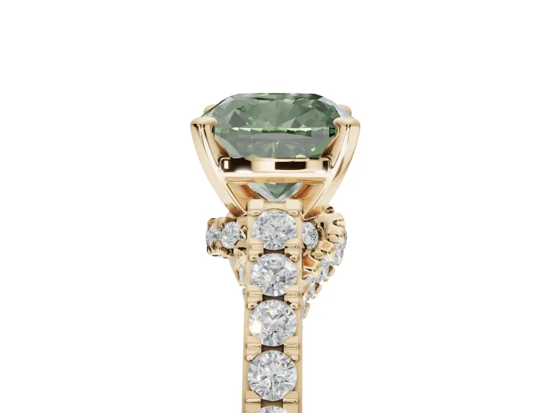 Cushion Cut Pavé Solitaire Engagement Ring Setting for a Fancy Green Lab-Grown Diamond | Crossover Gallery | Yellow Gold