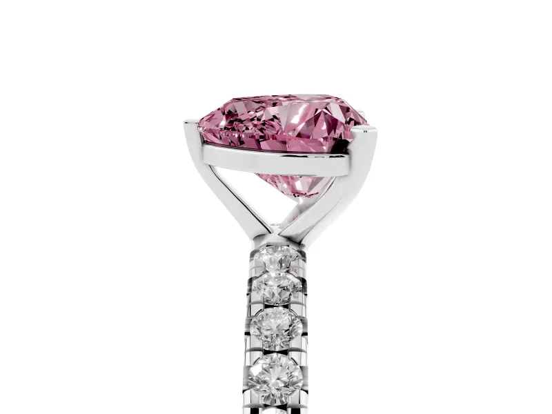 Fancy Pink Heart Cut Diamond Pavé Solitaire Ring Set in Silver with Round Band and Prong Setting
