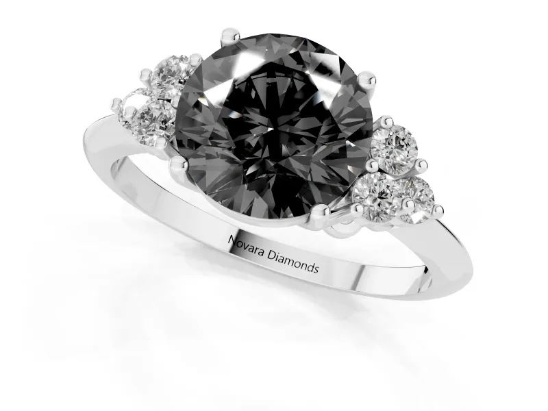 Round Cluster Accent Engagement Ring Setting for a Black Center | Plain Band | White Gold