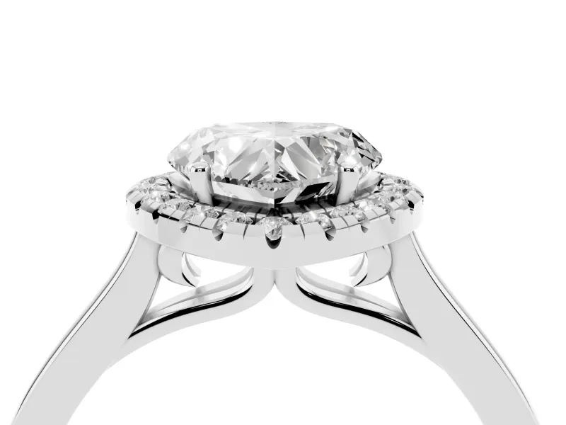 Heart Cut Halo Round Diamond Solitaire Ring Set in Silver with Pavé Band and Prong Setting