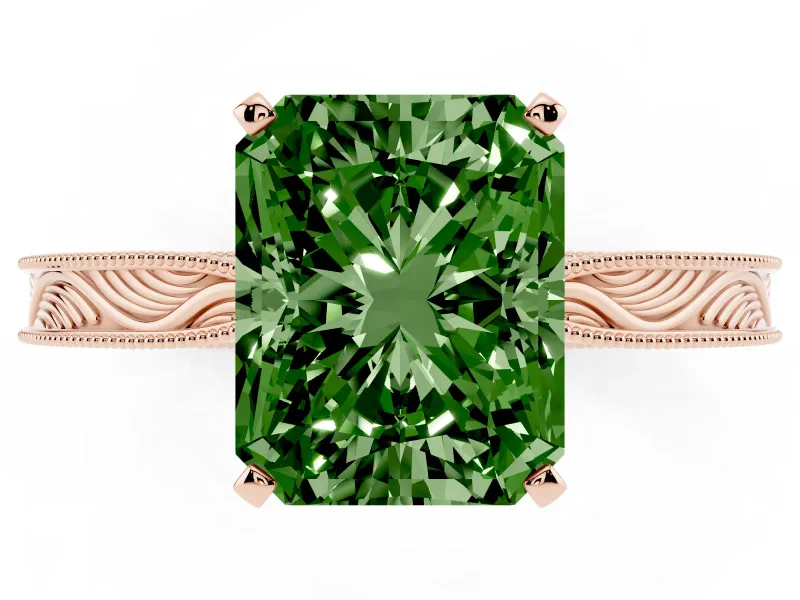 Fancy Green Radiant Cut Diamond Solitaire Milgrain Engraved Band Set in Rose gold with Prong Setting