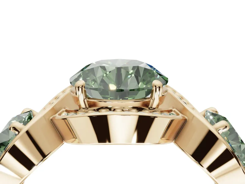 Round Three Stone Halo Engagement Ring Setting for a Fancy Green Lab-Grown Diamond | Pavé Wave Band | Yellow Gold