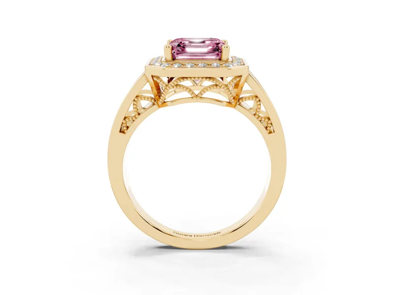 Asscher Cut Halo Engagement Ring Setting for a Fancy Pink Lab-Grown Diamond | Channel-Set Split Shank | Yellow Gold