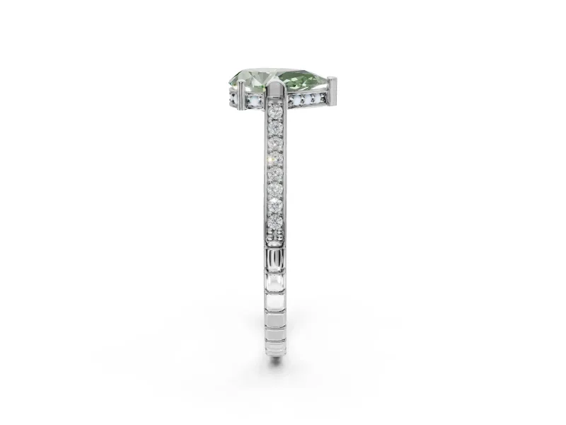 Pear-Shaped Vintage Cathedral Engagement Ring Setting for a Fancy Green Lab-Grown Diamond | Carved Band | White Gold