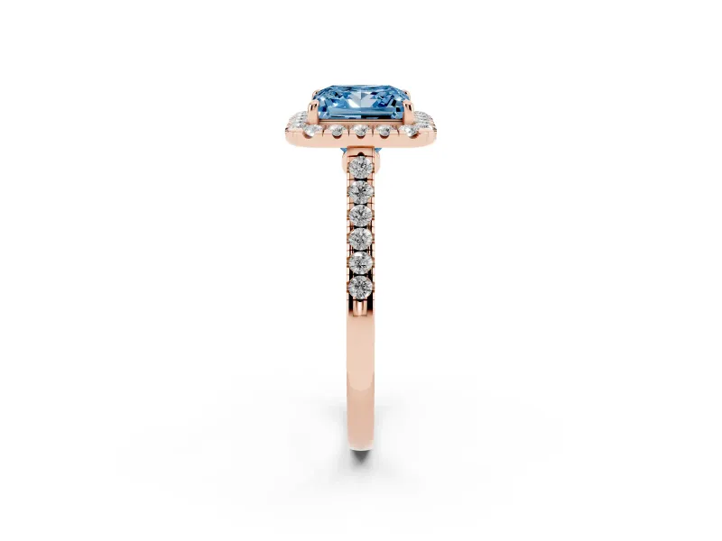 Princess Cut Halo Engagement Ring Setting for a Fancy Blue Lab-Grown Diamond | Pave Shoulders | Rose Gold