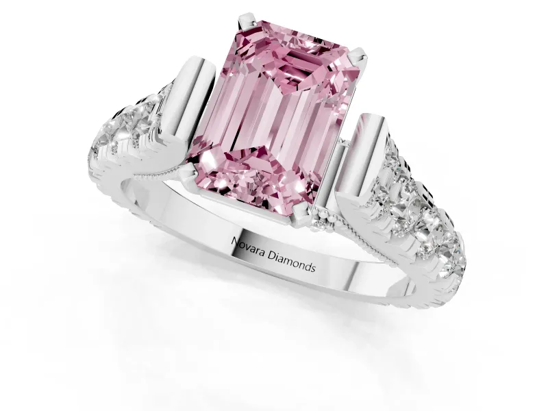 Fancy Pink Emerald Cut Diamond Classic Solitaire Ring Set in Silver with Pavé Band and Prong Setting