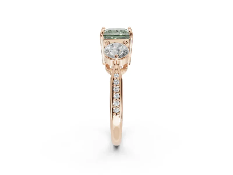 Princess Cut Three Stone Engagement Ring Setting for a Fancy Green Lab-Grown Diamond | Tapered Pave Band | Rose Gold