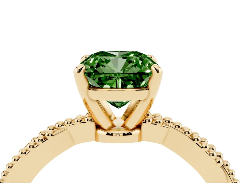 Fancy Green Cushion Cut Diamond Solitaire Ring Set in Yellow gold with Twisted Band and Bead Prong Setting