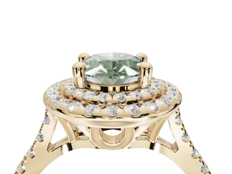 Oval Double Halo Engagement Ring Setting for a Fancy Green Lab-Grown Diamond | Pave Shoulders | Yellow Gold
