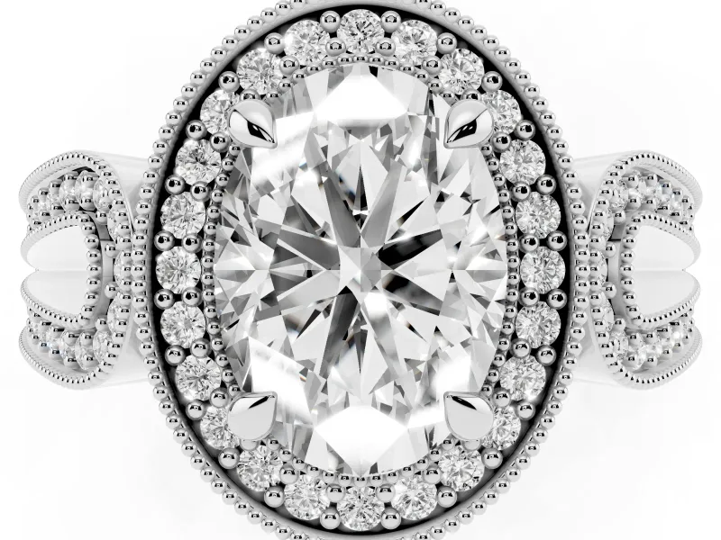 Oval Vintage Milgrain Halo Engagement Ring Setting | Open Loop Pave Shoulders | White Gold