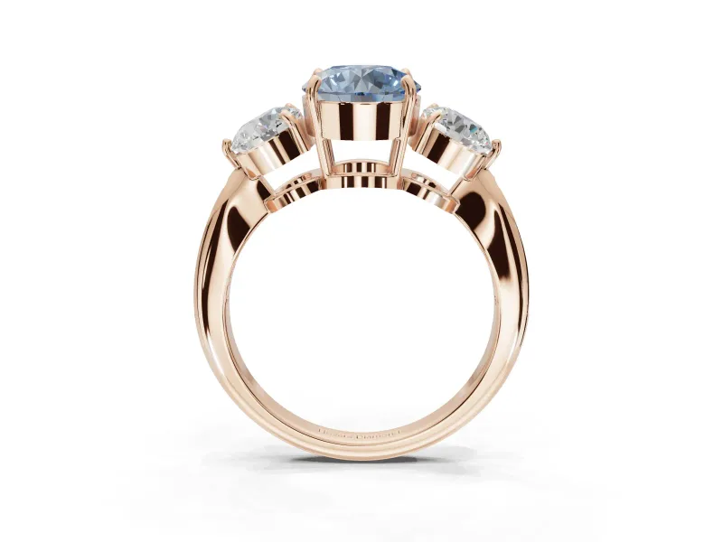 Round Three Stone Engagement Ring Setting for a Fancy Blue Lab-Grown Diamond | Tapered Pave Band | Rose Gold