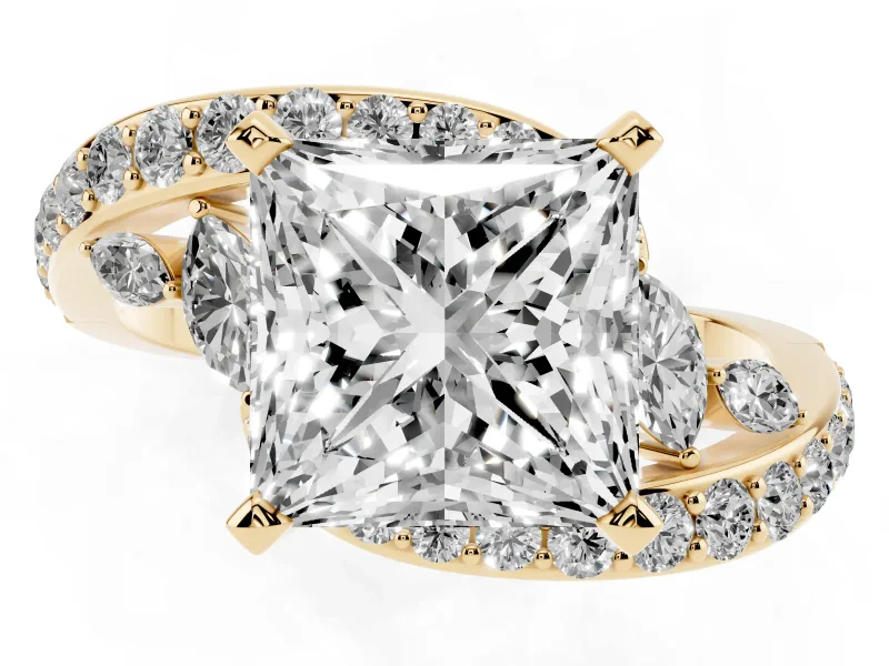 Princess Cut Diamond Solitaire Ring Set in Yellow gold with Pavé Twist Band and Secure Prong Setting