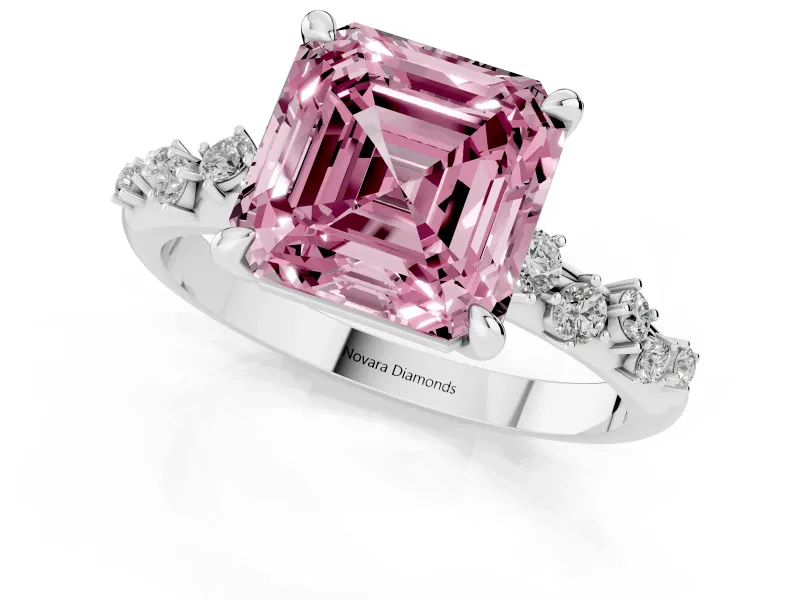 Fancy Pink Asscher Cut Diamond Solitaire Vine Band Ring Set in Platinum with Round Accents and Prong Setting