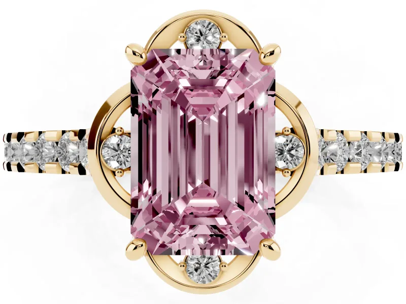 Emerald Cut Floral Petal Engagement Ring Setting for a Fancy Pink Lab-Grown Diamond | Petal Accents | Yellow Gold