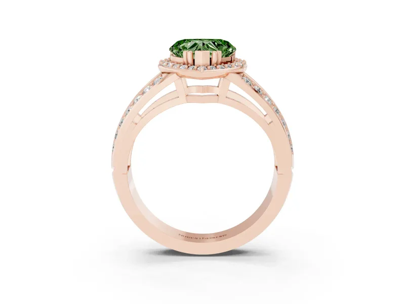 Heart-Shaped Halo Engagement Ring Setting for a Fancy Green Lab-Grown Diamond | Two-Row Pave Split Shank | Rose Gold