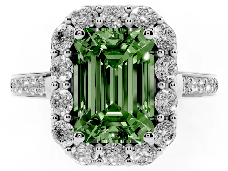 Fancy Green Emerald Cut Diamond Floral Halo Ring Set in White gold with Pavé Band and Prong Setting