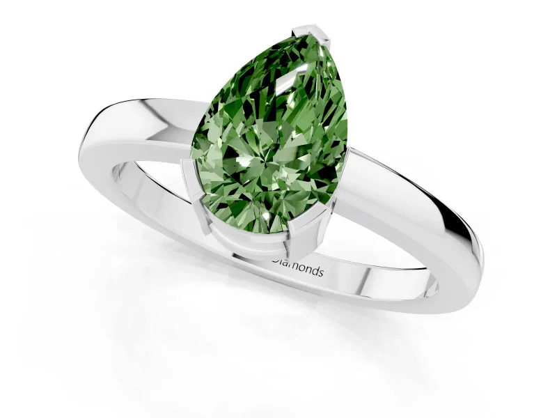 Fancy Green Pear Cut Diamond Solitaire Ring Set in Platinum with Prong Head and Smooth Polished Band
