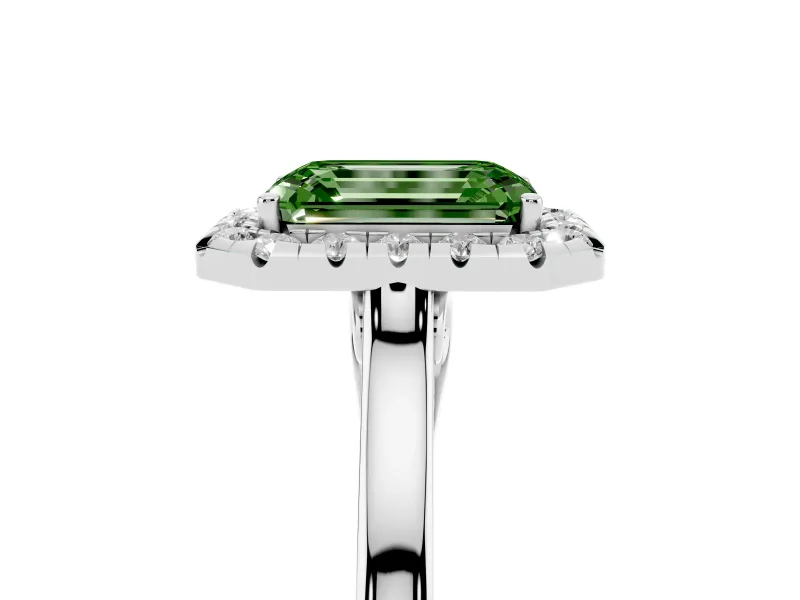 Fancy Green Emerald Cut Halo Round Diamond Solitaire Ring Set in Platinum with Pavé Band and Prong Setting