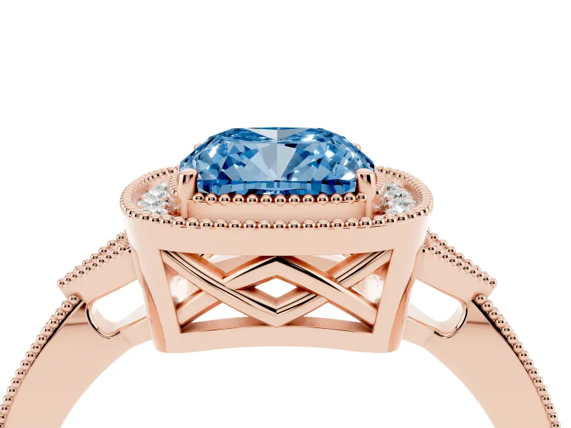 Fancy Blue Cushion Cut Diamond Halo Engagement Ring Set in Rose gold with Milgrain Pavé Band