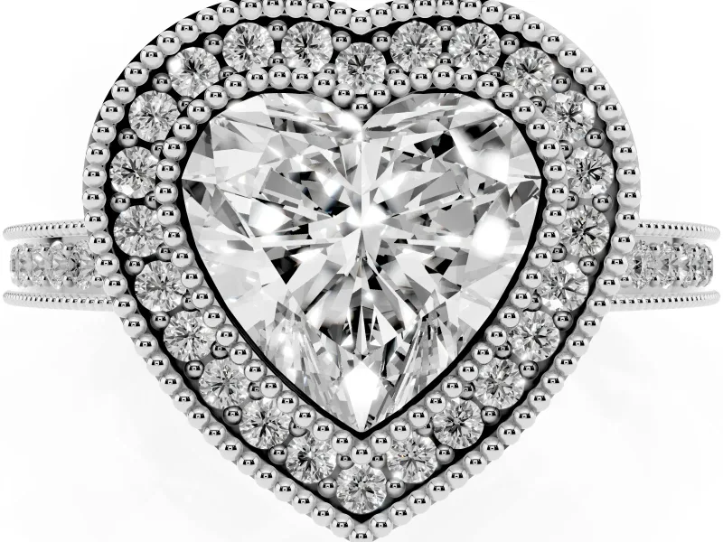 Heart Cut Diamond Halo Ring Set in Silver with Pavé Band and Milgrain-Edged Prongs