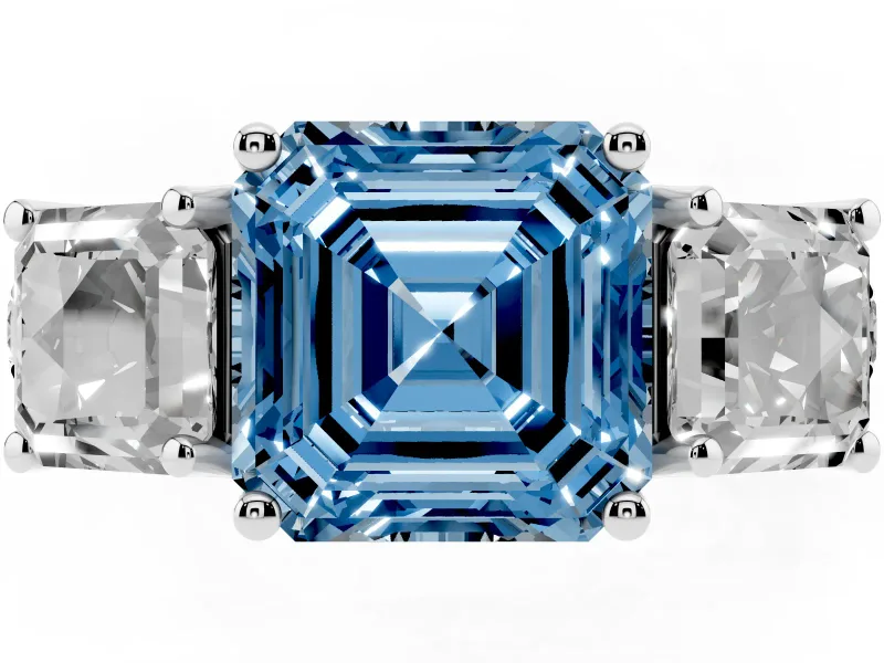 Asscher Cut Three Stone Engagement Ring Setting for a Fancy Blue Lab-Grown Diamond | Accented Shoulders | Platinum