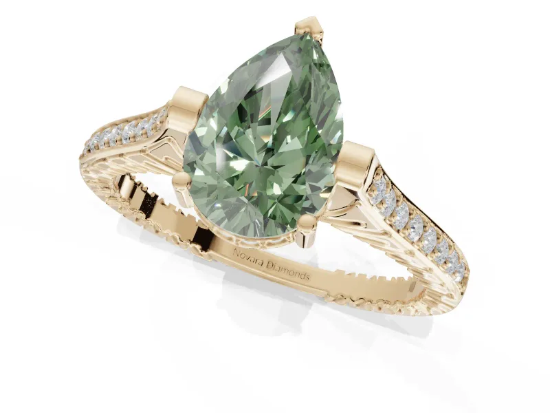 Pear-Shaped Vintage Cathedral Engagement Ring Setting for a Fancy Green Lab-Grown Diamond | Carved Band | Yellow Gold