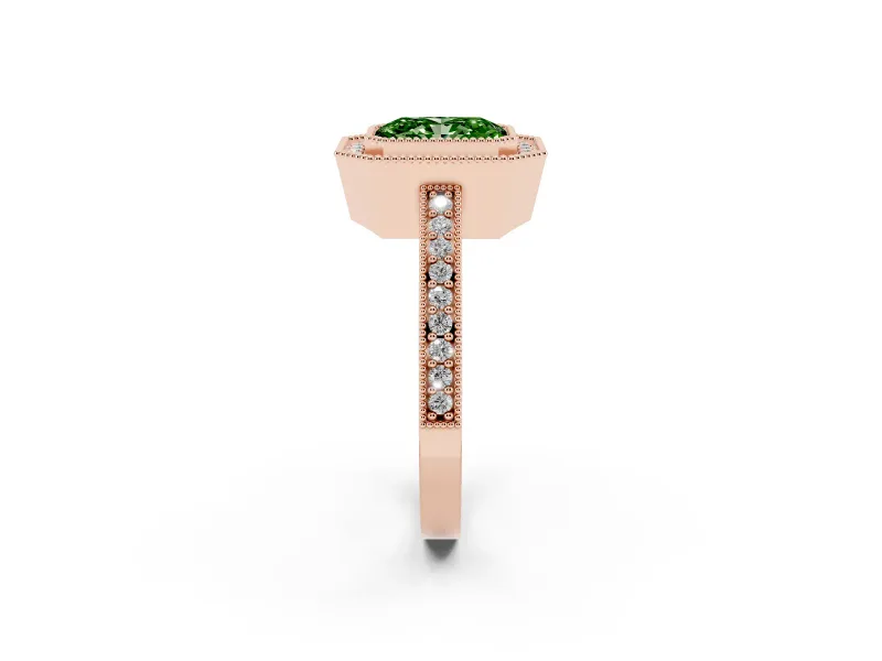 Fancy Green Radiant Cut Diamond Halo Engagement Ring Set in Rose gold with Pavé Band and Round Halo Stones