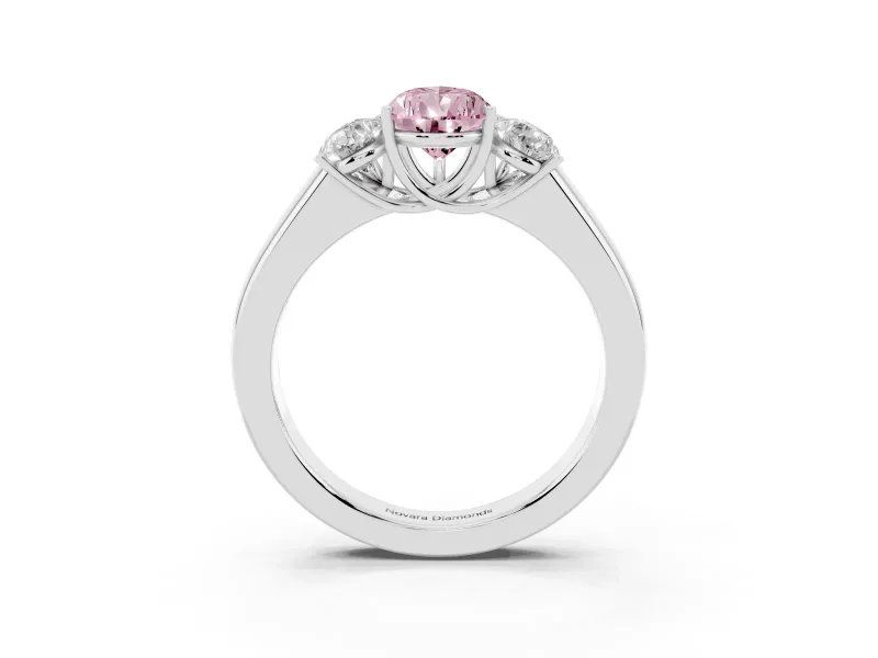 Fancy Pink Three-Stone Pear Cut Diamond Ring Set in White gold with Matching Prong Settings and Plain Band