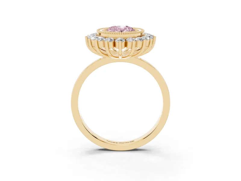 Oval Bezel Halo Engagement Ring Setting for a Fancy Pink Lab-Grown Diamond | Yellow Gold