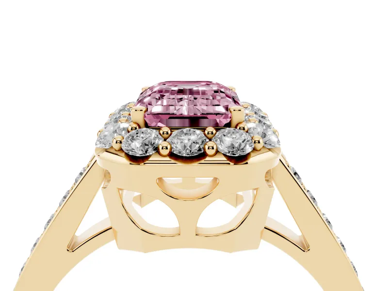 Emerald Cut Floral Halo Engagement Ring Setting for a Fancy Pink Lab-Grown Diamond | Large Round Accents | Yellow Gold