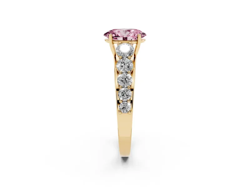 Oval Graduated Side Stone Engagement Ring Setting for a Fancy Pink Lab-Grown Diamond | Flat Top Band | Yellow Gold