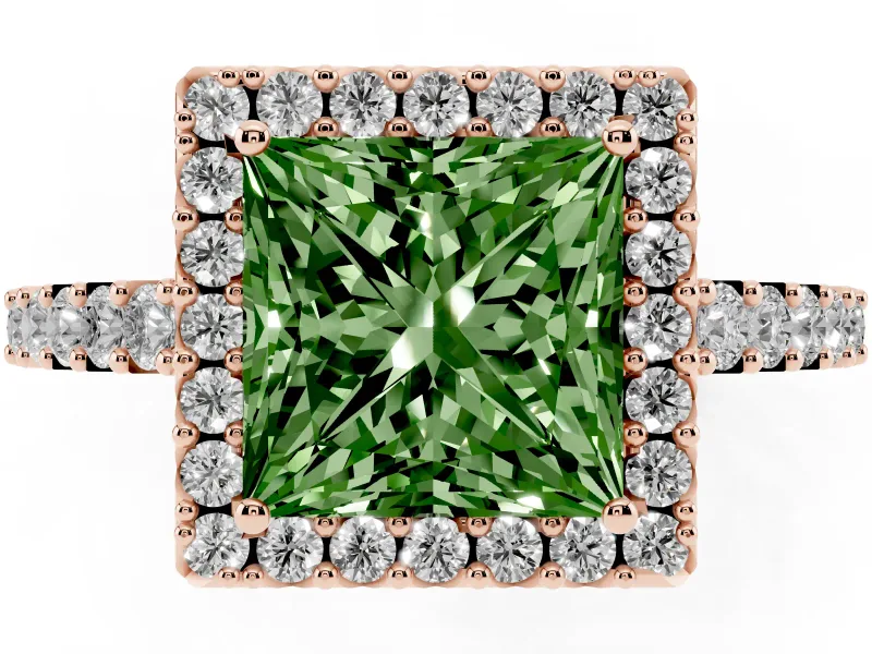 Princess Cut Halo Engagement Ring Setting for a Fancy Green Lab-Grown Diamond | Single Row Pavé Band | Rose Gold