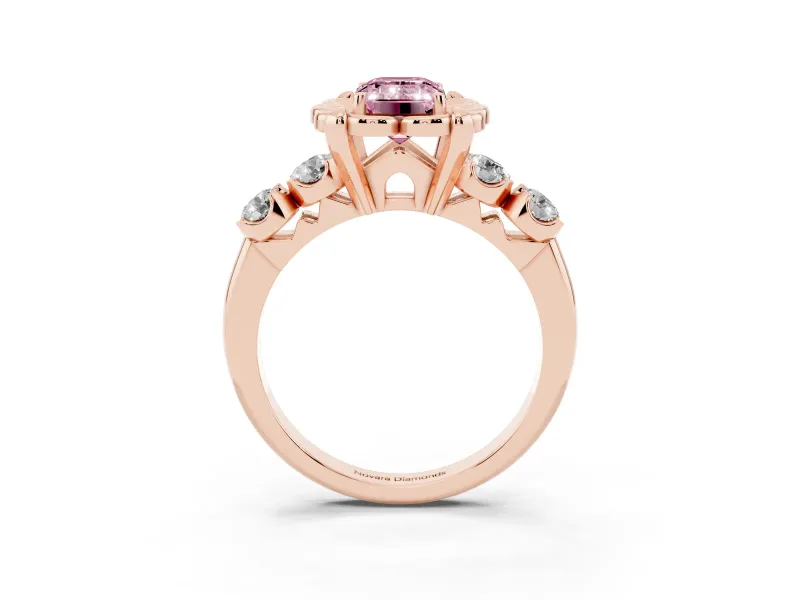 Emerald Cut Floral Engagement Ring Setting for a Fancy Pink Lab-Grown Diamond | Petal Frame and Side Stones | Rose Gold