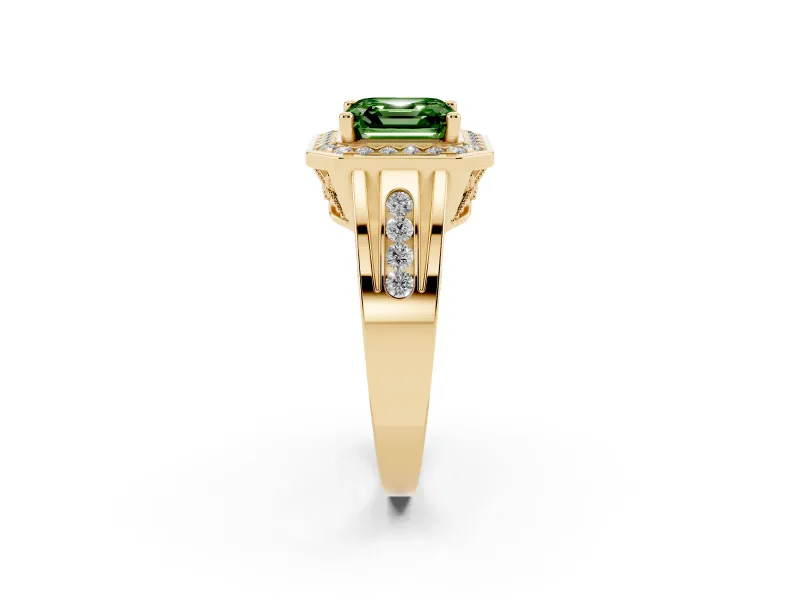 Asscher Cut Halo Engagement Ring Setting for a Fancy Green Lab-Grown Diamond | Channel-Set Split Shank | Yellow Gold