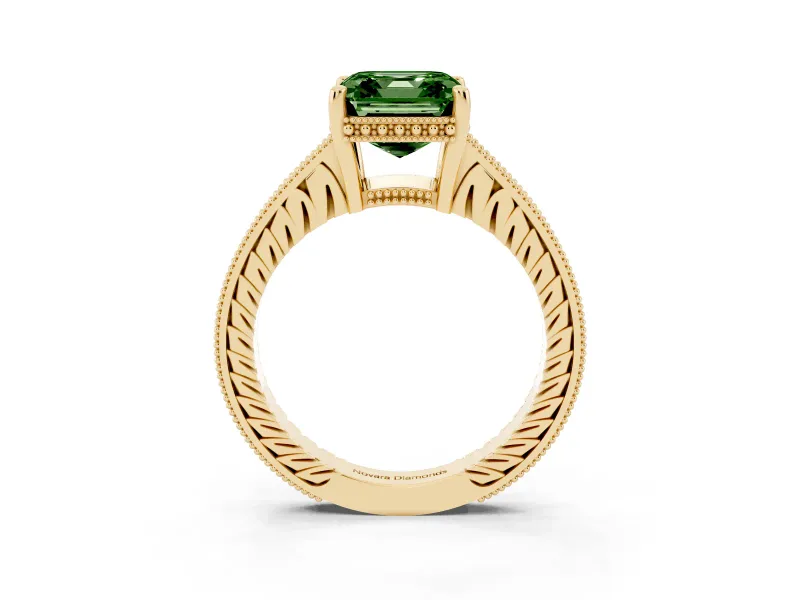 Asscher Cut Engraved Engagement Ring Setting for a Fancy Green Lab-Grown Diamond | Yellow Gold