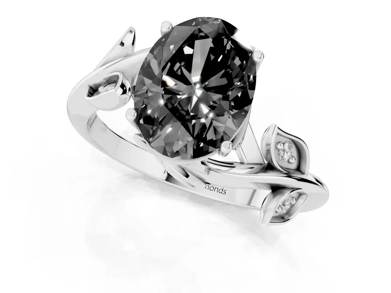 Fancy Black Oval Cut Diamond Solitaire Twist Engagement Ring Set in Silver with Pavé Leaf Accents