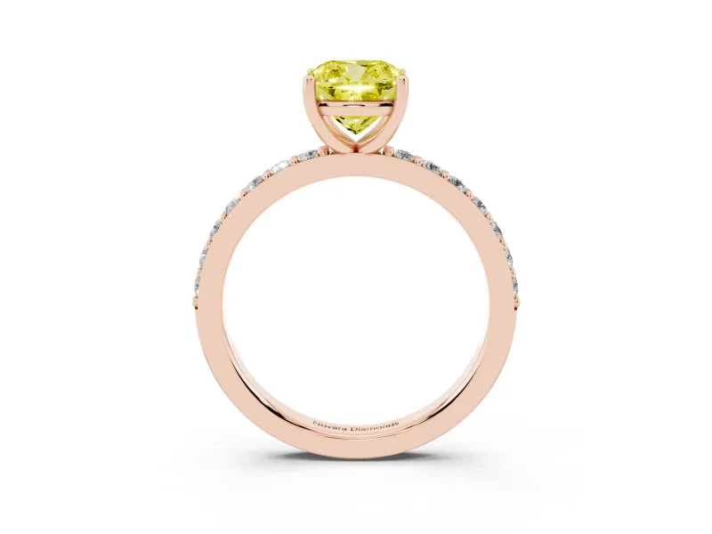 Fancy Yellow Cushion Cut Diamond Solitaire Set in Rose gold with Round Pavé Band and Prong Setting