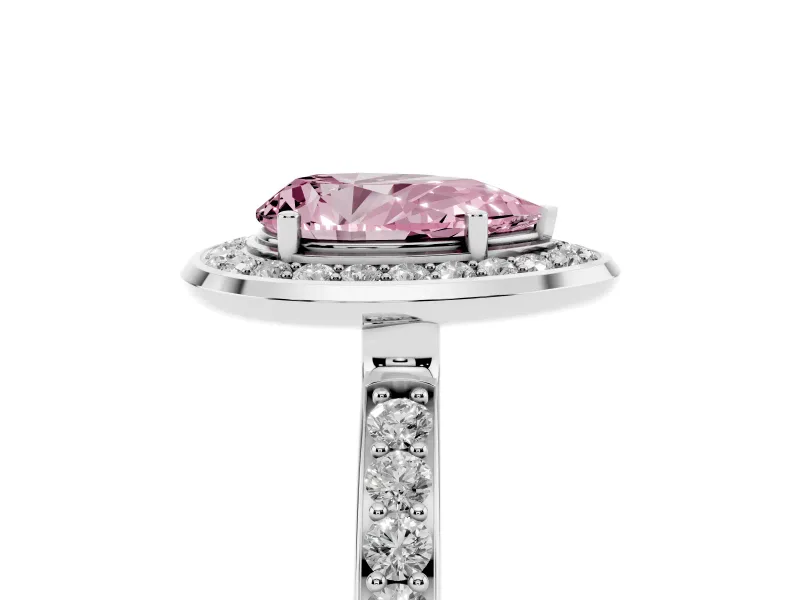Fancy Pink Pear Cut Diamond Halo Ring Set in Silver with Bezel Frame and Pavé Band