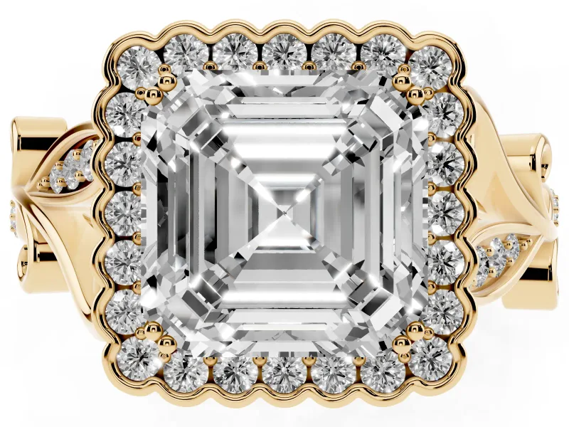 Asscher Cut Vintage Leaf Halo Engagement Ring Setting | Graduated Vine Shank | Yellow Gold