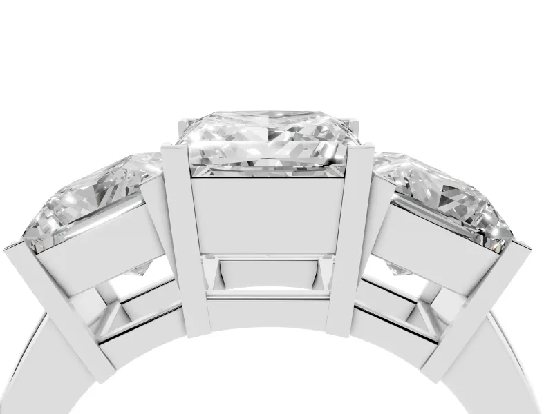 Princess Cut Diamond Three-Stone Ring Set in White gold with Channel-Set Band and Prong Settings