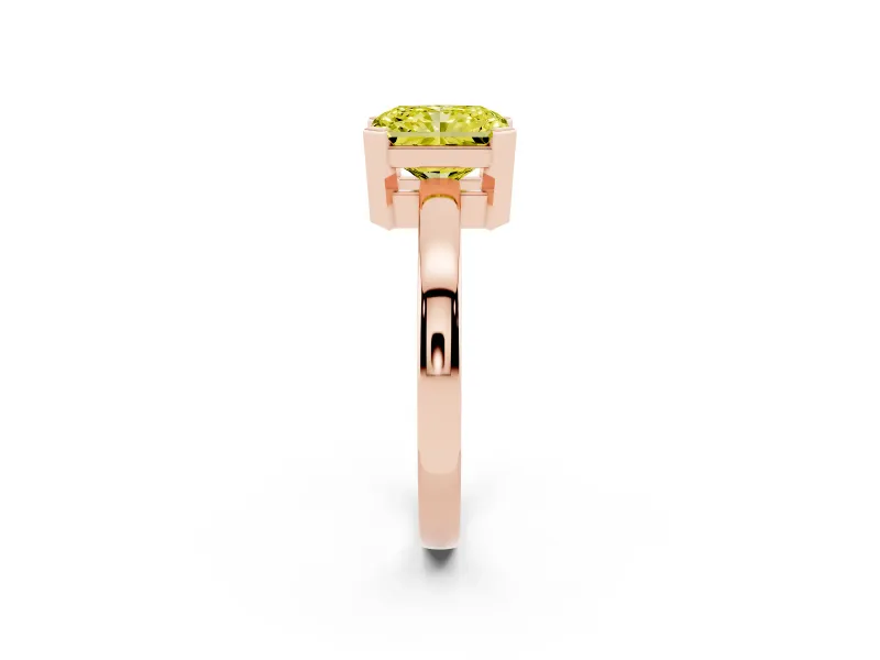 Fancy Yellow Radiant Cut Diamond Solitaire Ring Set in Rose gold with Prong Head and Smooth Polished Band