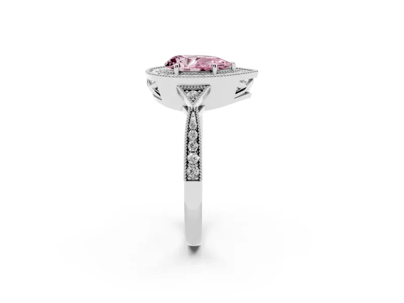 Fancy Pink Pear Cut Diamond Halo Engagement Ring Set in Silver with Milgrain Pavé Band