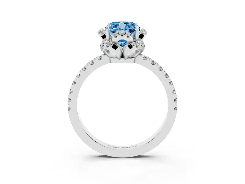 Cushion Cut Floral Petal Halo Engagement Ring Setting for a Fancy Blue Lab-Grown Diamond | Pavé Band | Sterling Silver
