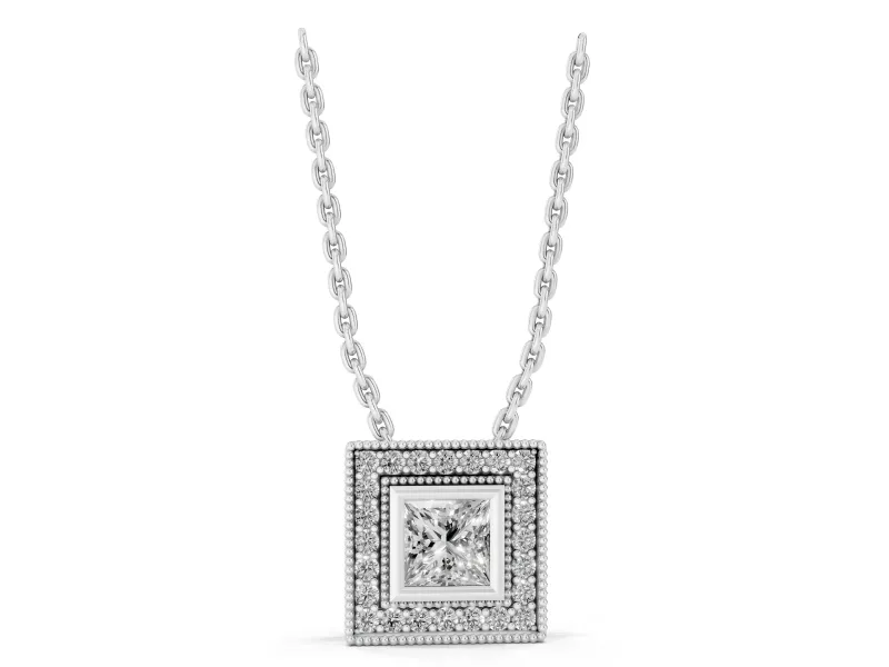 Princess Cut Lab-Grown Diamond Bezel Halo Pendant Necklace | Milgrain Edges | Sterling Silver