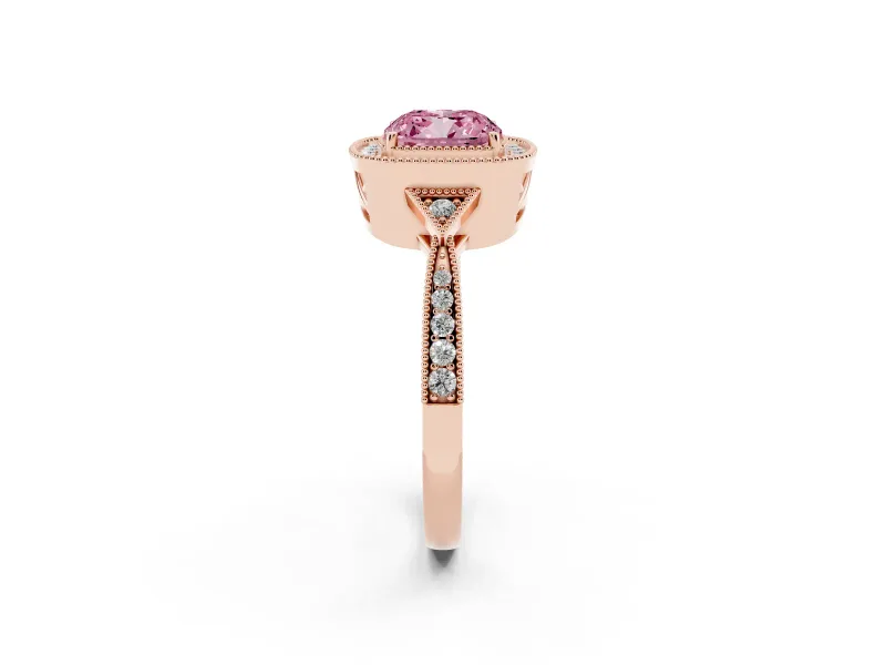 Cushion Cut Milgrain Halo Engagement Ring Setting for a Fancy Pink Lab-Grown Diamond | Graduated Pavé | Rose Gold