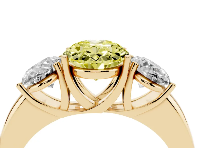Oval Three Stone Engagement Ring Setting for a Fancy Yellow Lab-Grown Diamond | Matching Side Stones | Yellow Gold