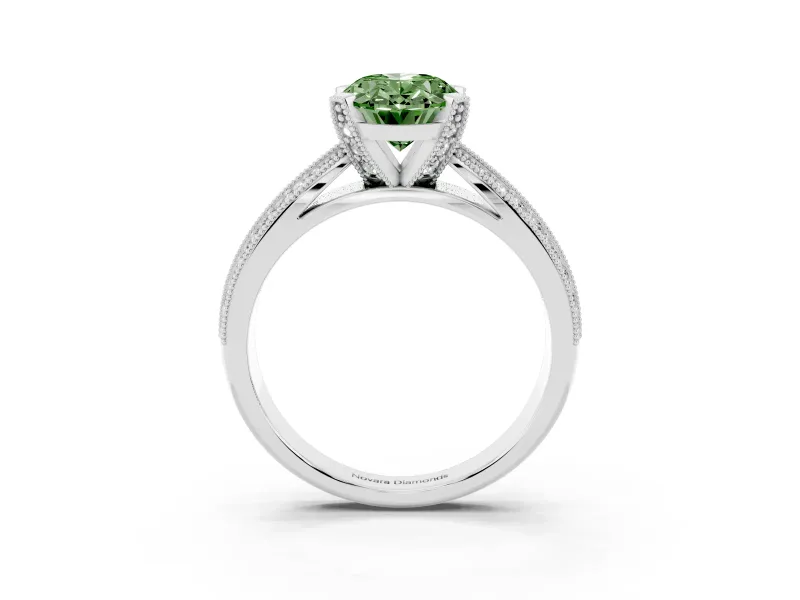 Fancy Green Oval Cut Diamond Solitaire Ring Set in Silver with Milgrain Double Row Round Pavé Band