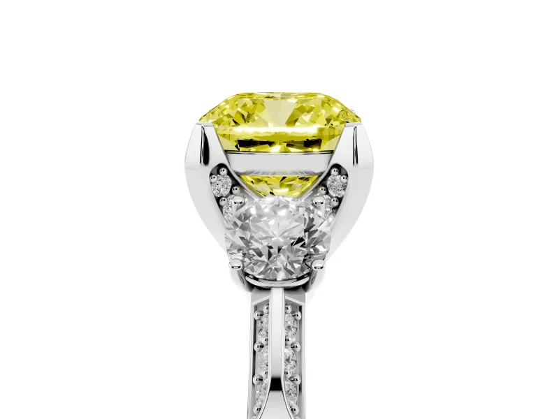 Cushion Cut Hidden Halo Three Stone Engagement Ring Setting for a Fancy Yellow Lab-Grown Diamond | Platinum